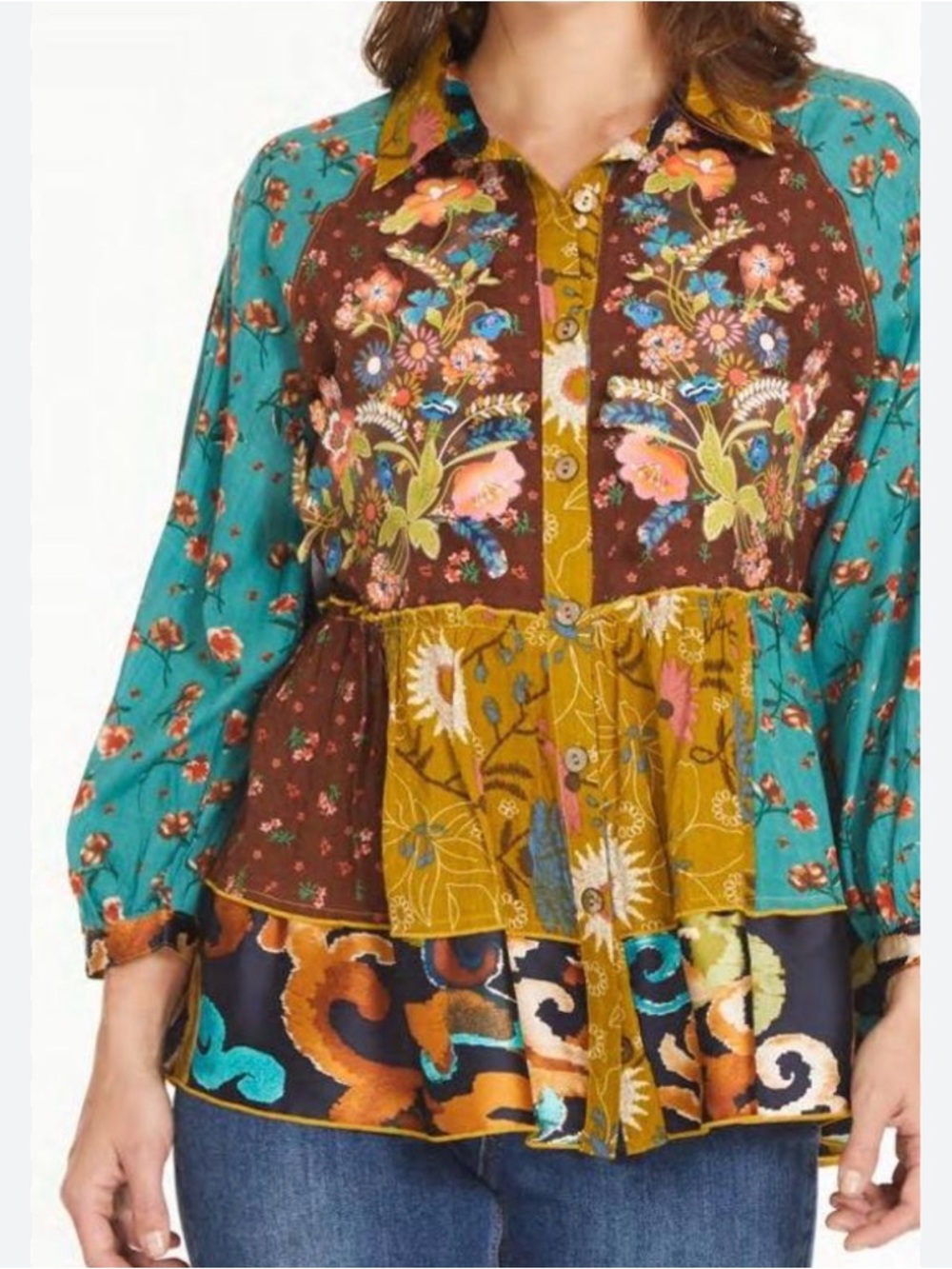 John Mark XS Patchwork Embroidered Tunic Blouse boho hippie festival floral